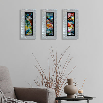 Only One ! Multicolor Abstract Painting Set of 3 Each Panel 13" x 6.5" x 2" Metal Art by Jon Allen   - 117-2_117-1_117-3