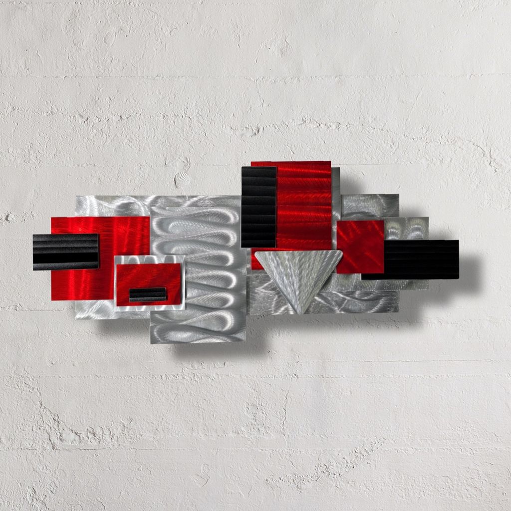 Silver, Red & Black Geometric Metal Wall Accent Sculpture by Jon