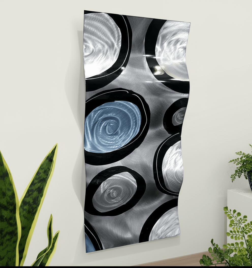 Tempest's Echo - Silver Black Blue Abstract Metal Wave Wall Art