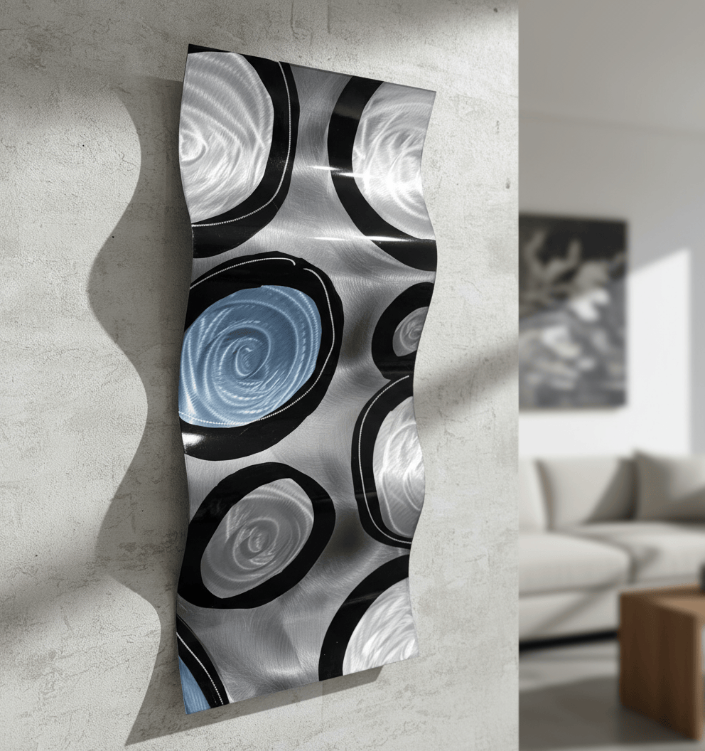 Tempest's Echo - Silver Black Blue Abstract Metal Wave Wall Art