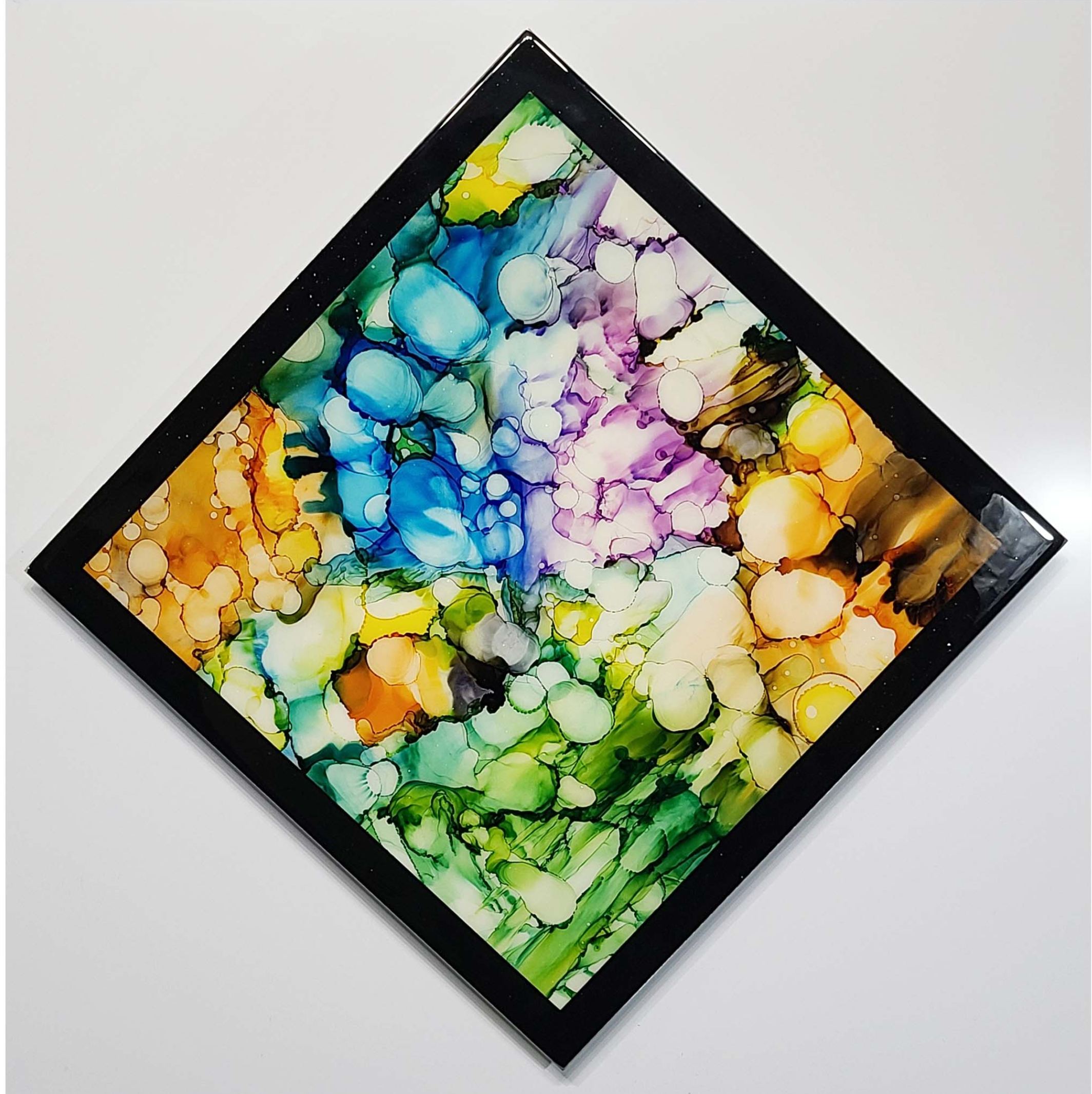 Just one! Abstract Organic Multicolor Painting with Painted Black Border 16" x 16" - HOL21-29 *30% off*