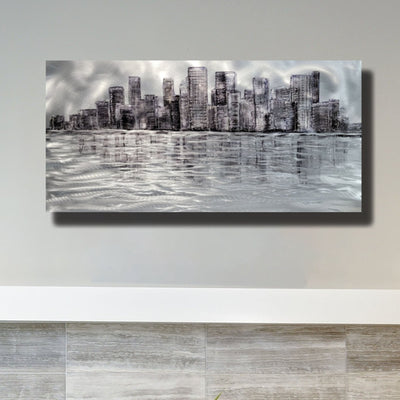 Abstract Painting - Metal Wall Art - Trending Home Decor - Livingroom Bedroom Office - Wall Art - Large Unique Art 36" x 18" Hand Painted Silver and Black Painting - Modern Home Decor - "Urban Silhouette"