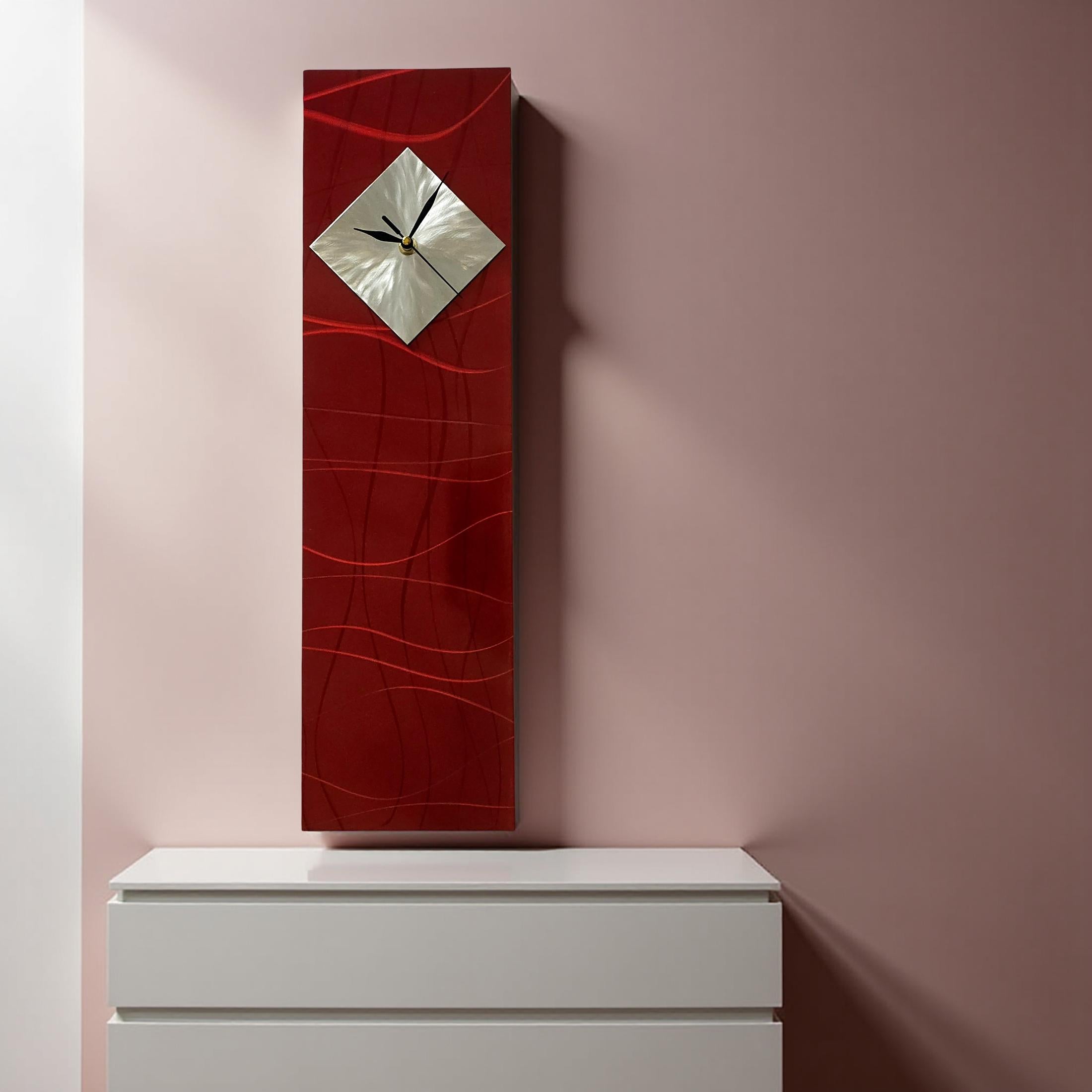 Crimson Waves Contemporary Clock - Modern Metal Wall Art Timepiece