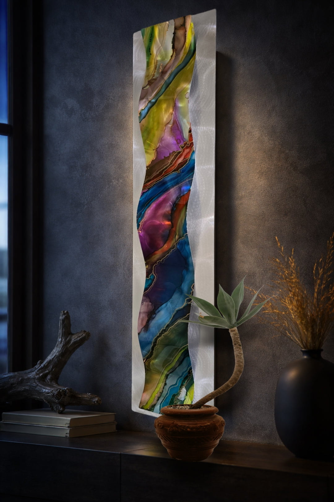 Vivid Cascade - Metal Wave Wall Art 10"x46"
