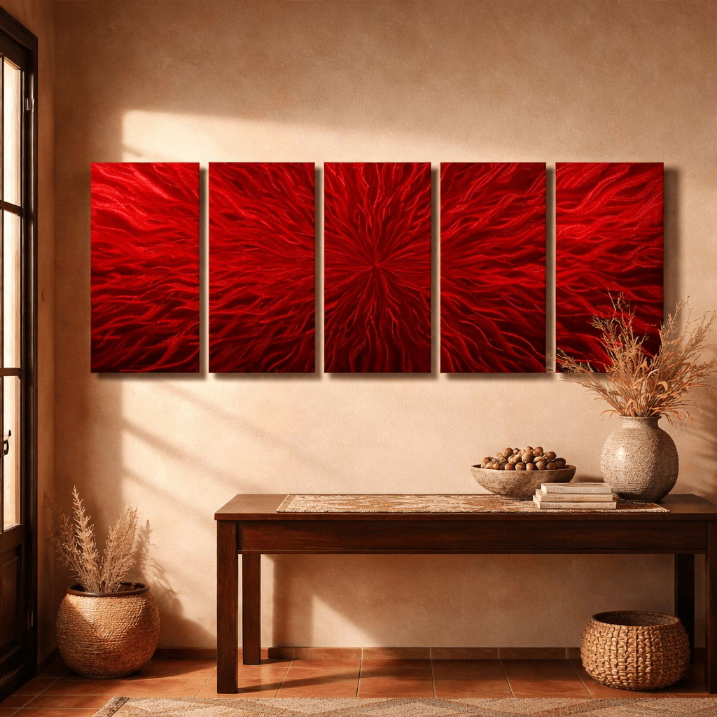 Crimson Ignition - 5-Panel Metal Wall Art 64"x24"
