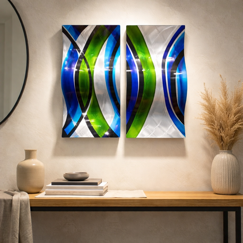 Emerald Current - Metal Wave Wall Art Set of 2 (23"x12" each) (gem w30)