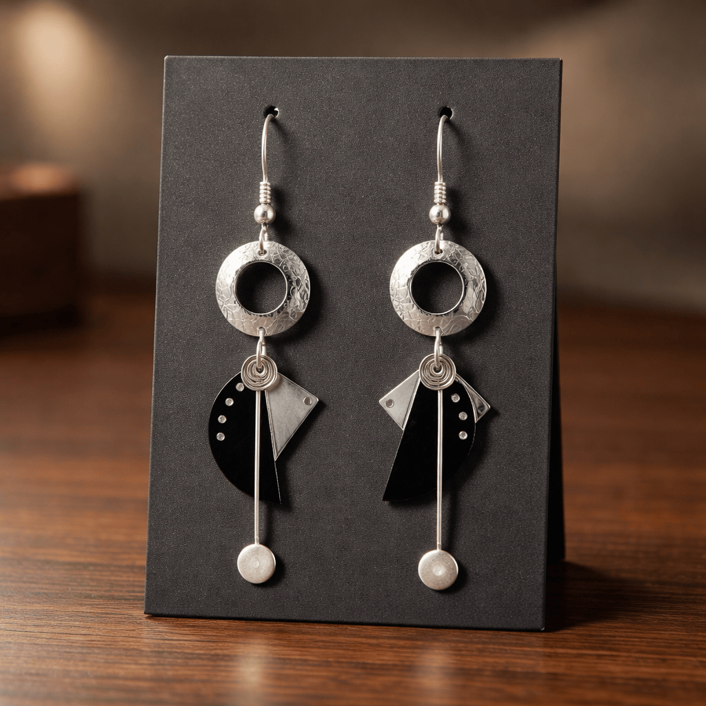 Midnight Orbit Drop Earrings - Sterling Silver & Hand-Textured Metal 2"