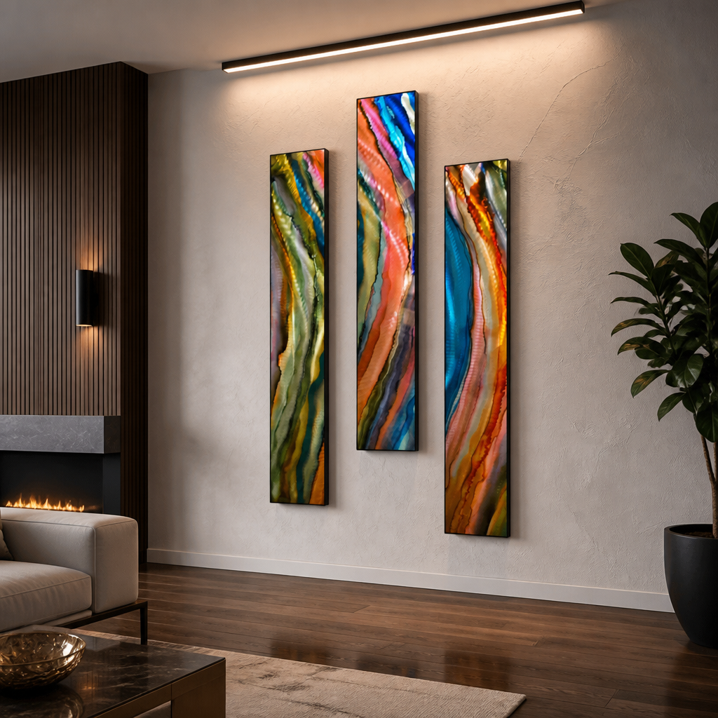 River of Color - 3-Piece Abstract Metal Wall Art Set 8"x48" Each