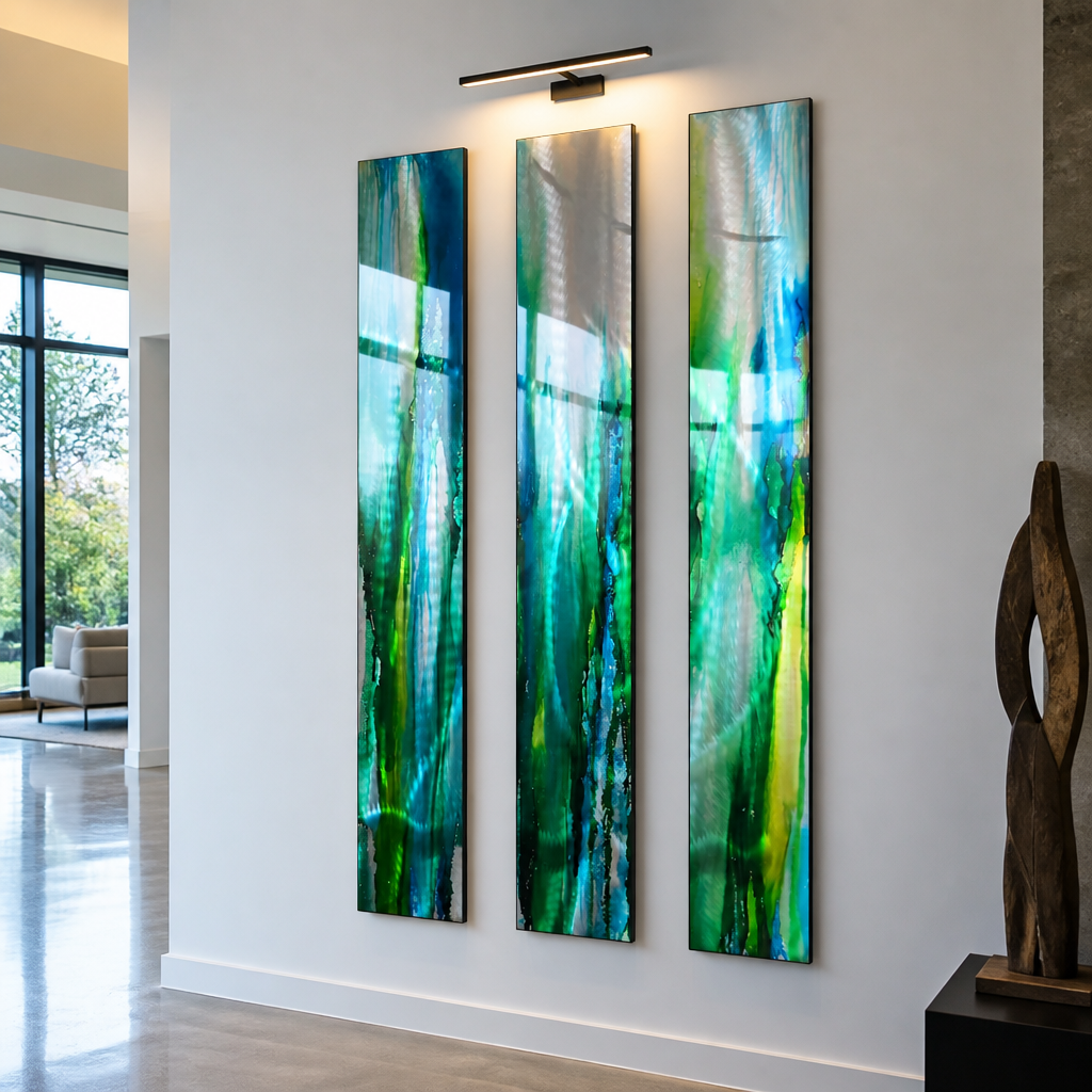 Emerald Tide - 3-Piece Abstract Metal Wall Art Set 8"x48" Each