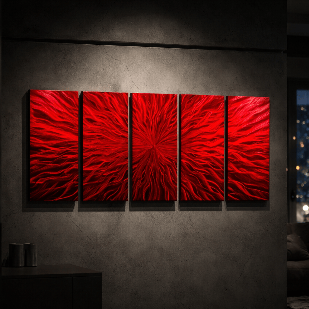 Crimson Ignition - 5-Panel Metal Wall Art 64"x24"