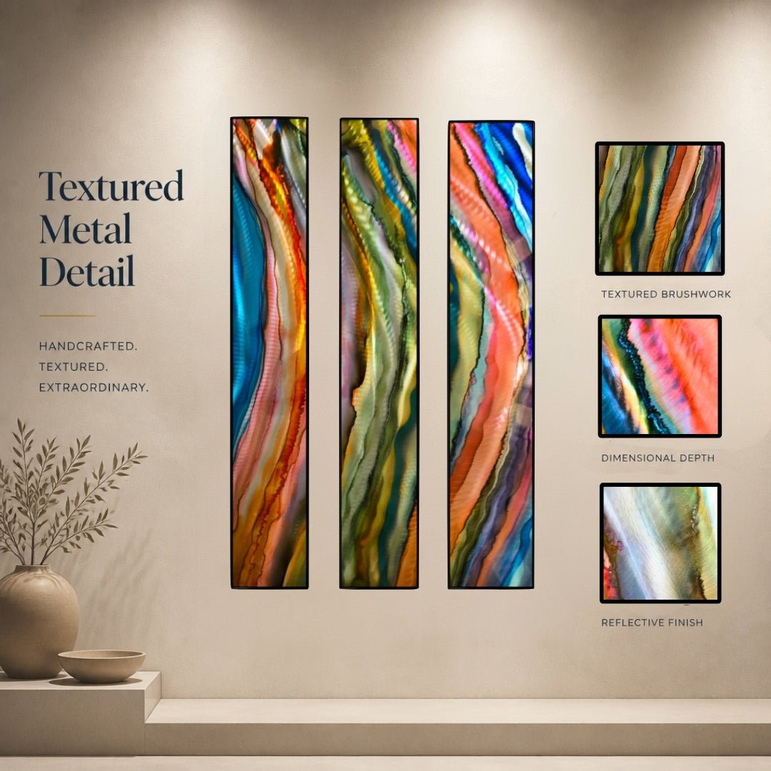River of Color - 3-Piece Abstract Metal Wall Art Set 8"x48" Each
