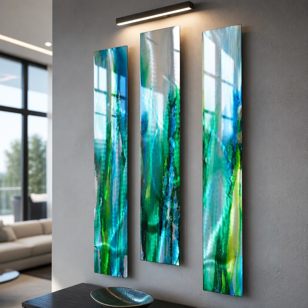 Emerald Tide - 3-Piece Abstract Metal Wall Art Set 8"x48" Each