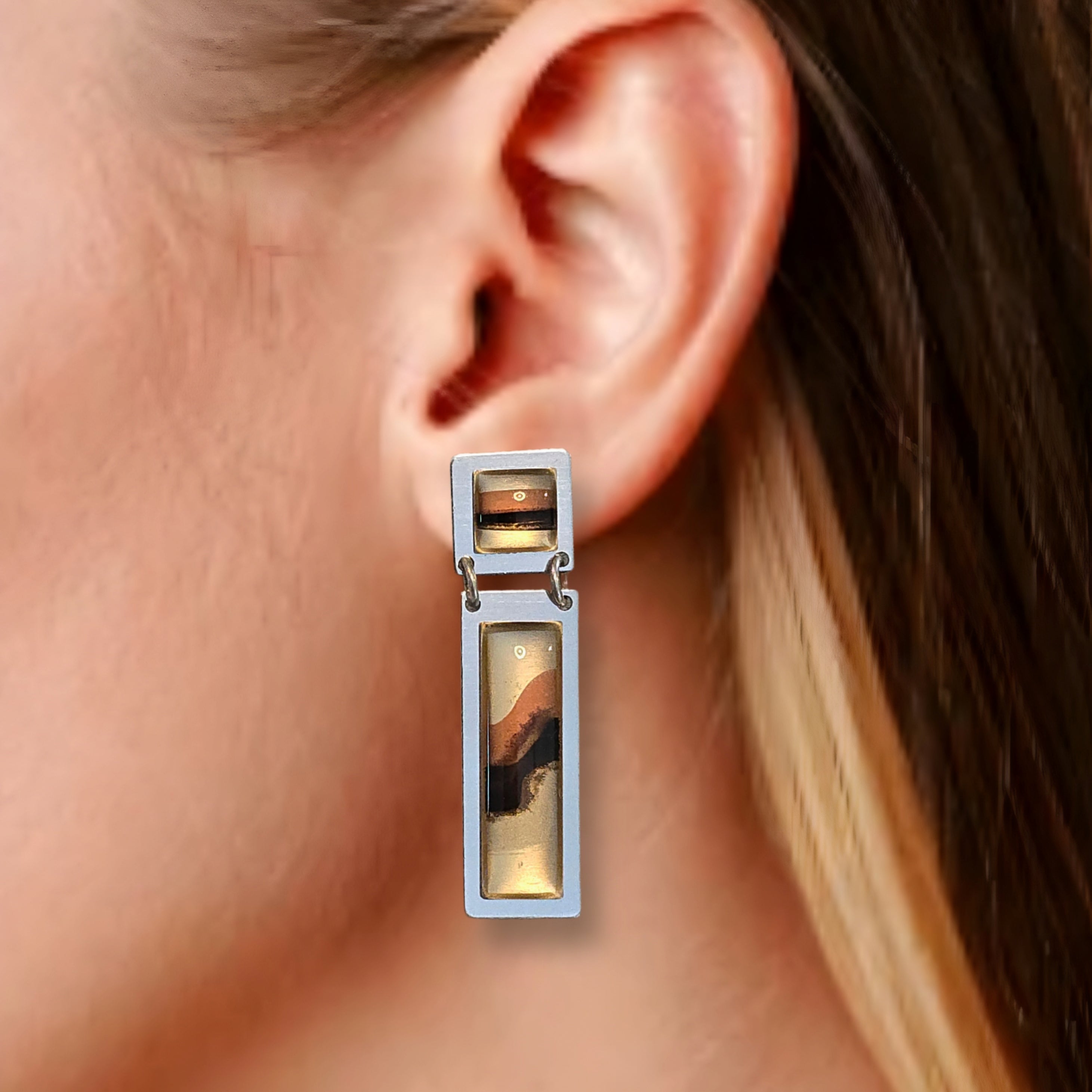 Hand-Painted Square and Rectangle, Earthtone Modern Earrings - Handmade Gifts