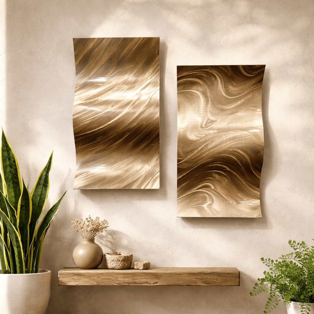 Golden Dunes - 2-Panel Metal Wave, Wall Art Set 12"x23" Each