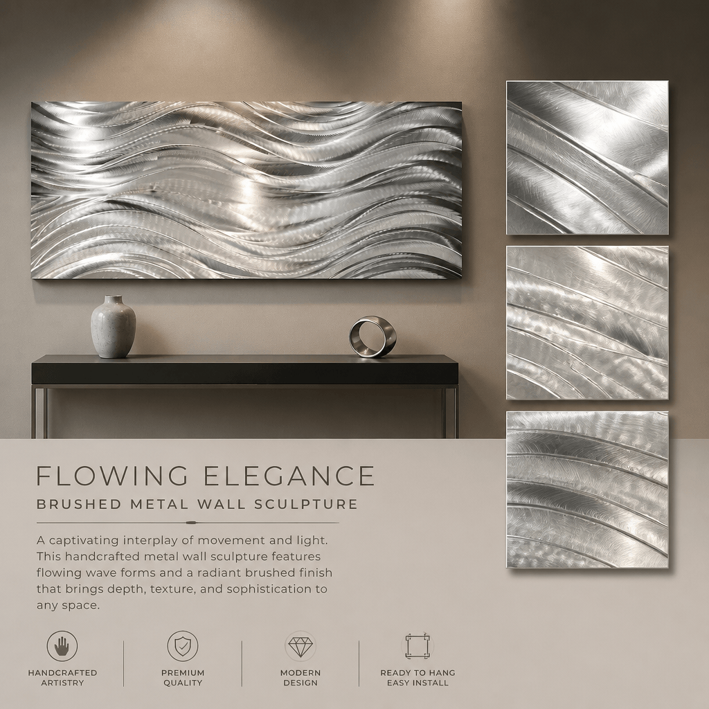 Silver Waves in Motion - Metal Wave Wall Art 18"x46"