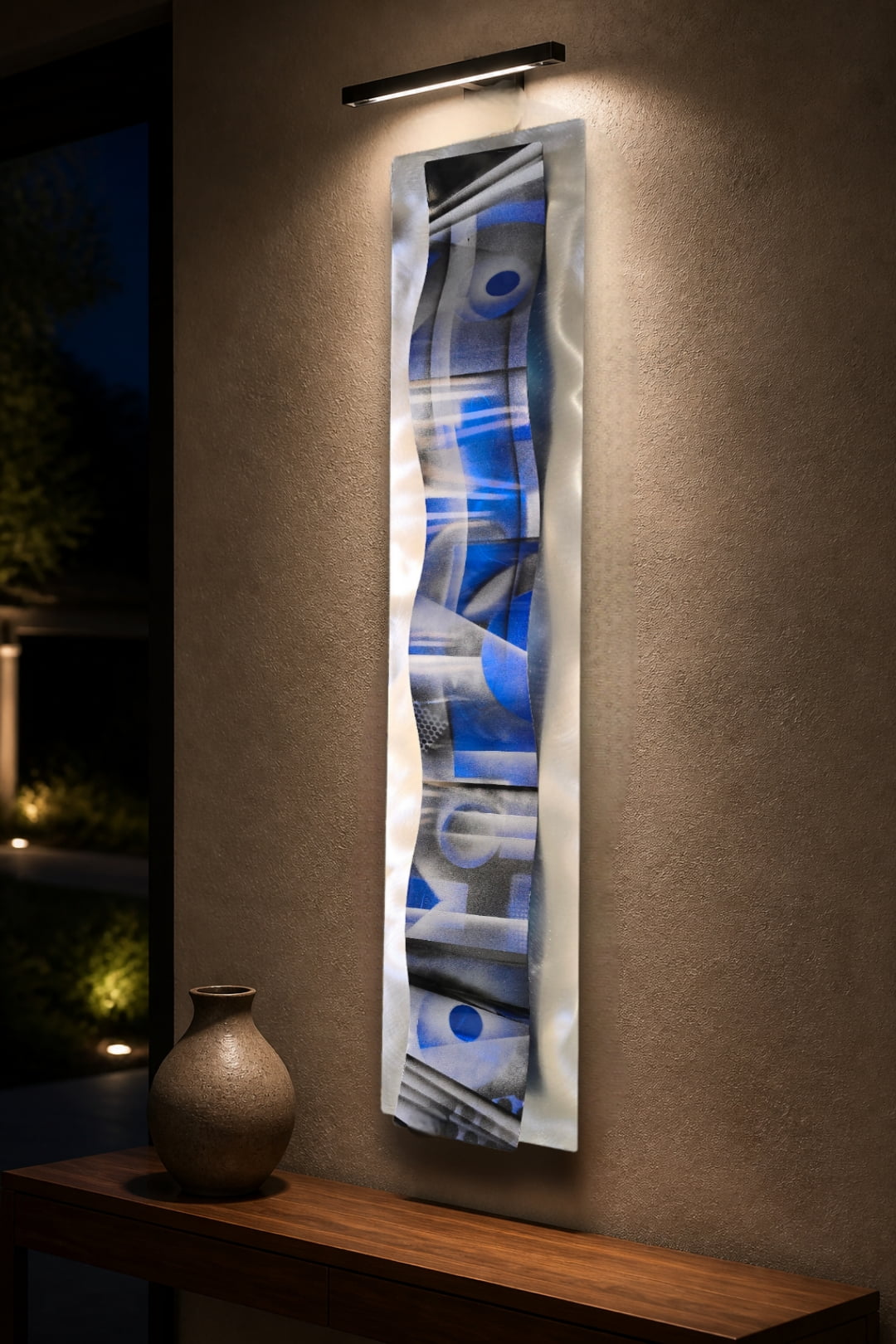 Cobalt Geometry - One-of-a-kind Metal Wave Wall Art 10"x47"