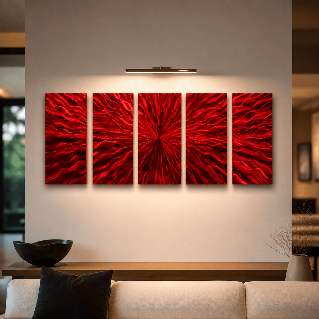 Scarlet Surge - 5-Panel Metal Wall Art 24"x64"