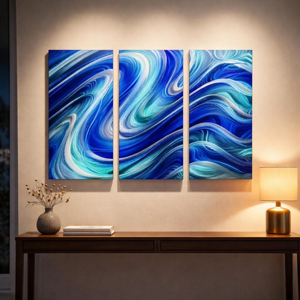 Serenity Pool - 3-Panel Metal Wave Wall Art (24"x38" overall)