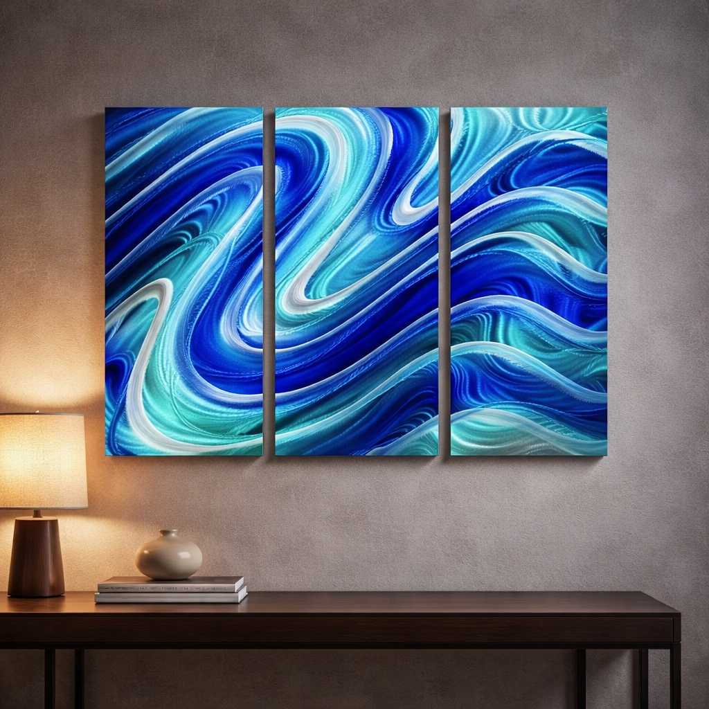 Serenity Pool - 3-Panel Metal Wave Wall Art (24"x38" overall)
