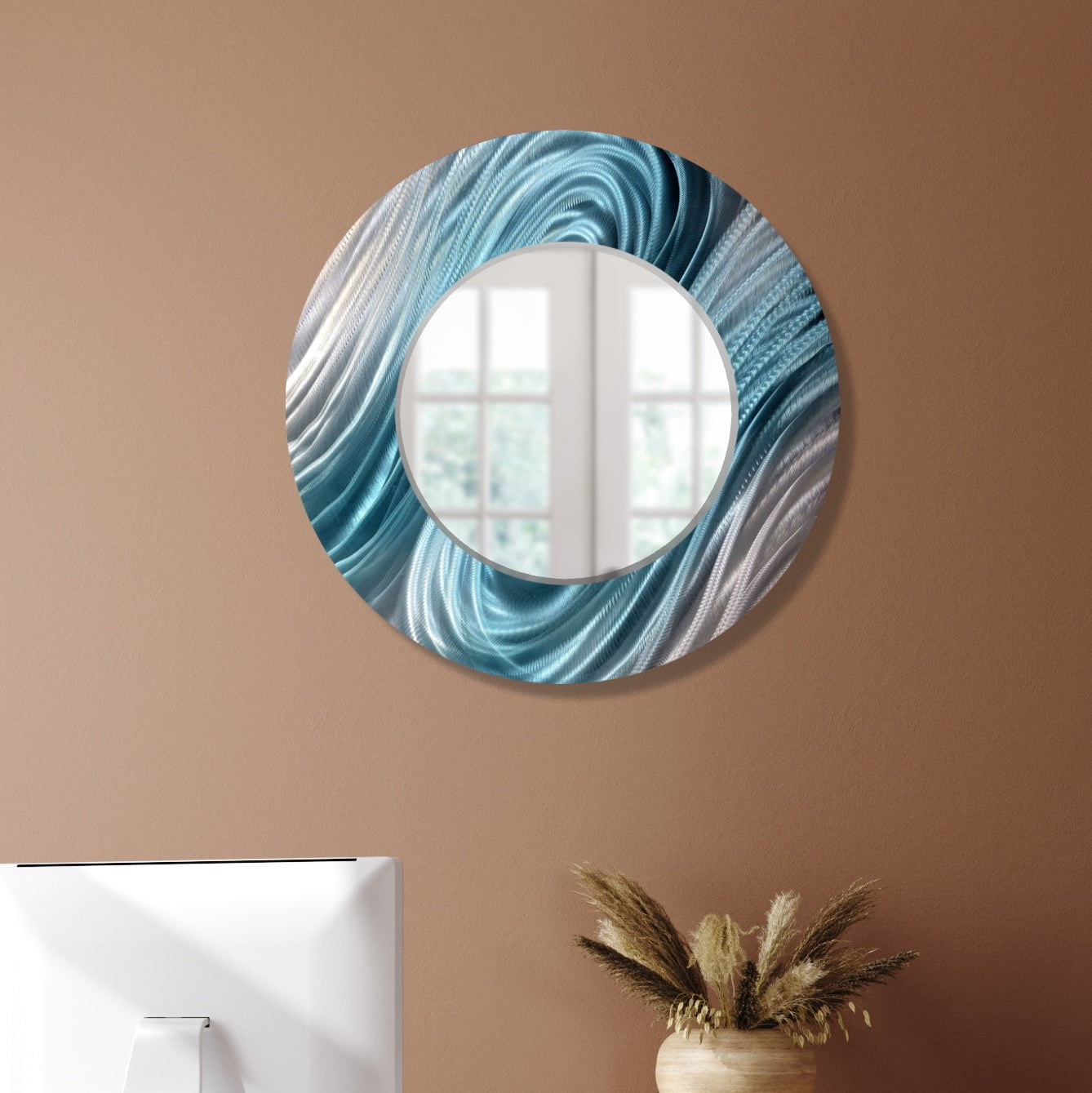 Jon Allen Signature 21"  Silver and Blue Handmade Metal Wall Art Beveled Mirror - Contemporary Home Decor, Easy Install, Elegant Design, Authentic & Signed