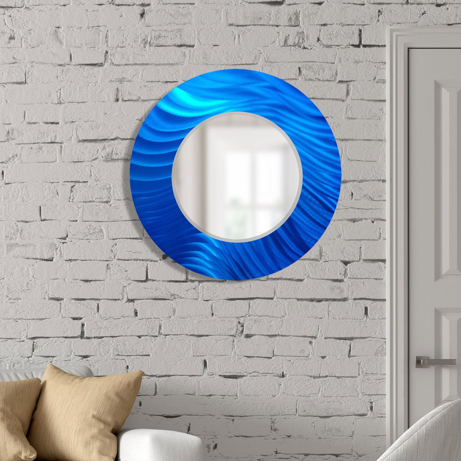 Jon Allen Signature 21"  Blue  Handmade Metal Wall Art Beveled Mirror - Contemporary Home Decor, Easy Install, Elegant Design, Authentic & Signed