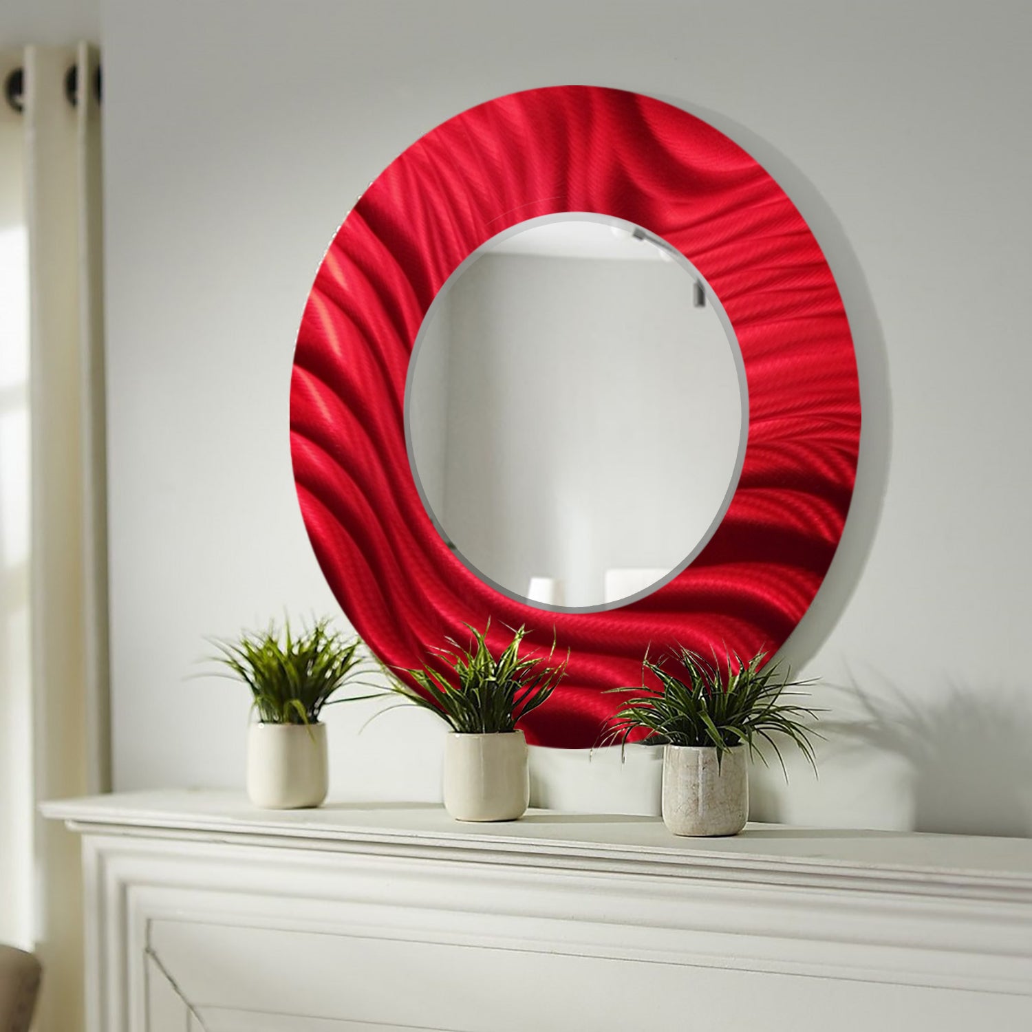 Jon Allen Signature 21"  Red  Handmade Metal Wall Art Beveled Mirror - Contemporary Home Decor, Easy Install, Elegant Design, Authentic & Signed