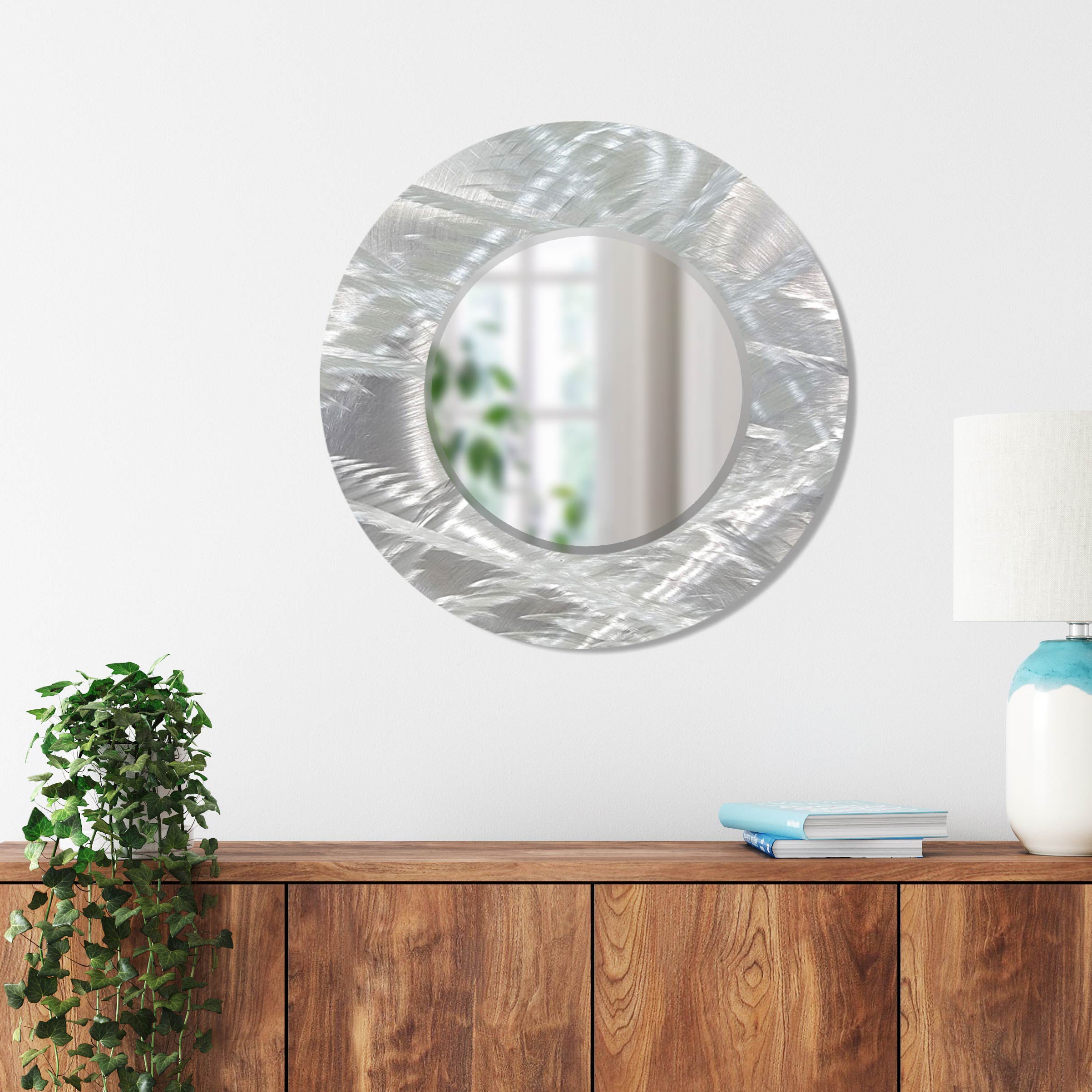 Jon Allen Signature 21" Silver   Handmade Metal Wall Art Beveled Mirror - Contemporary Home Decor, Easy Install, Elegant Design, Authentic & Signed