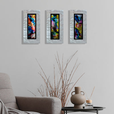 Only One ! Multicolor Abstract Painting Set of 3 Each Panel 13" x 6.5" x 2" Metal Art by Jon Allen   - 108-1_108-2_108-3