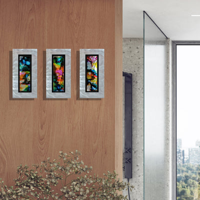 Only One ! Multicolor Abstract Painting Set of 3 Each Panel 13" x 6.5" x 2" Metal Art by Jon Allen   - 110-1_110-2_110-3