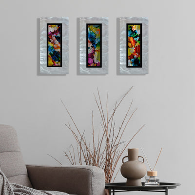 Only One ! Multicolor Abstract Painting Set of 3 Each Panel 13" x 6.5" x 2" Metal Art by Jon Allen   - 111-1_111-2_111-3