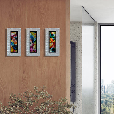 Only One ! Multicolor Abstract Painting Set of 3 Each Panel 13" x 6.5" x 2" Metal Art by Jon Allen   - 111-1_111-2_111-3