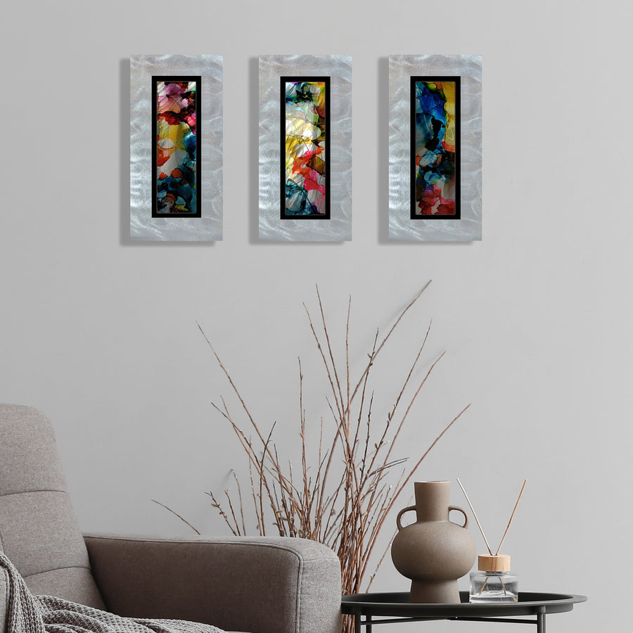 Only One ! Multicolor Abstract Painting Set of 3 Each Panel 13" x 6.5" x 2" Metal Art by Jon Allen   - 114-3_114-2_114-1