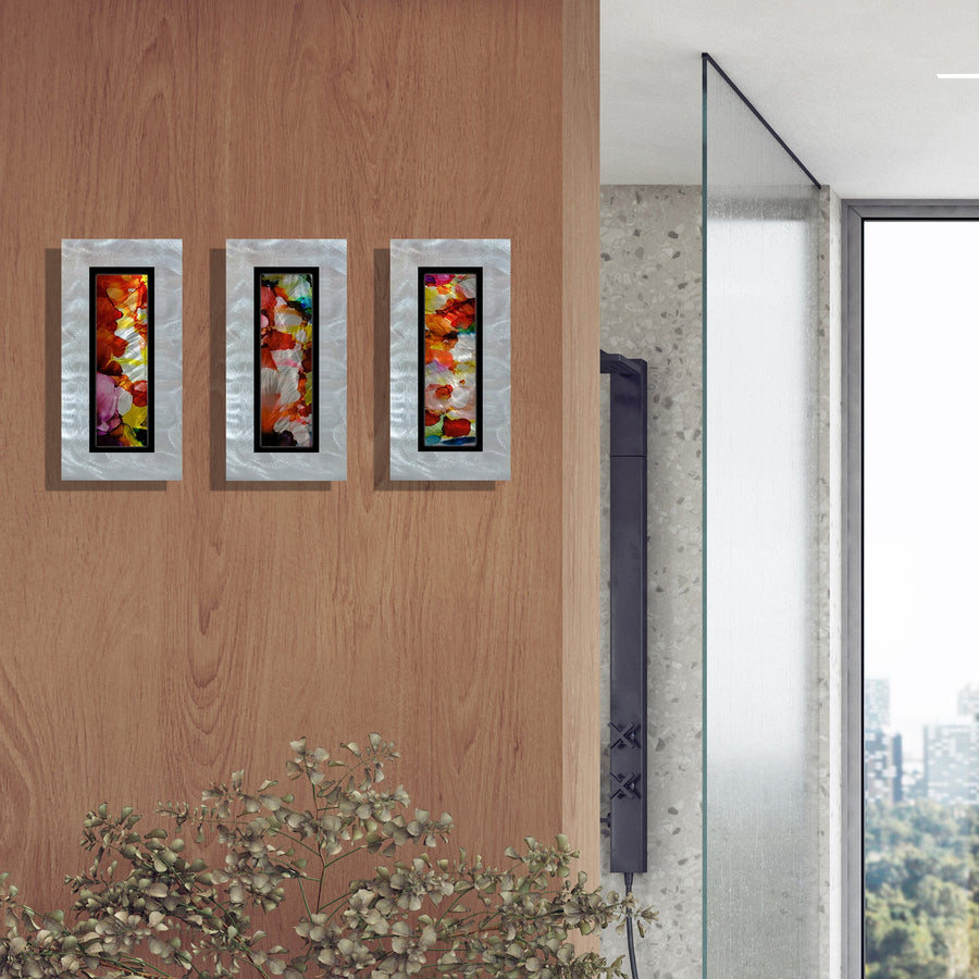 Only One ! Multicolor Abstract Painting Set of 3 Each Panel 13" x 6.5" x 2" Metal Art by Jon Allen   - 116-3_116-2_116-1