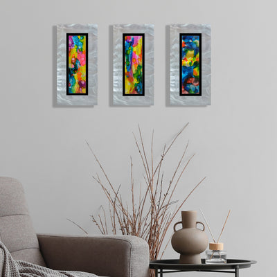 Only One ! Multicolor Abstract Painting Set of 3 Each Panel 13" x 6.5" x 2" Metal Art by Jon Allen   - 122-123-124