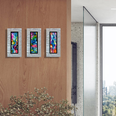 Only One ! Multicolor Abstract Painting Set of 3 Each Panel 13" x 6.5" x 2" Metal Art by Jon Allen   - 129-126-125