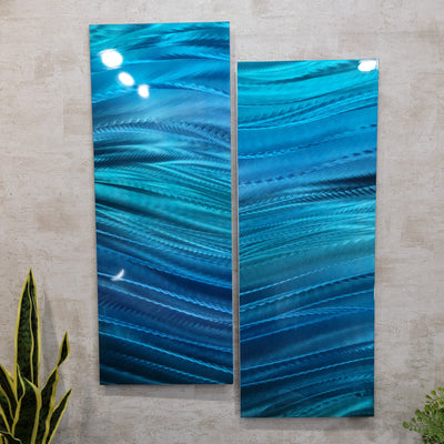 Only One !  Blue Abstract Painting  Set of 2 Each Panel 36" x 14"  Metal by Jon Allen - GEM P50