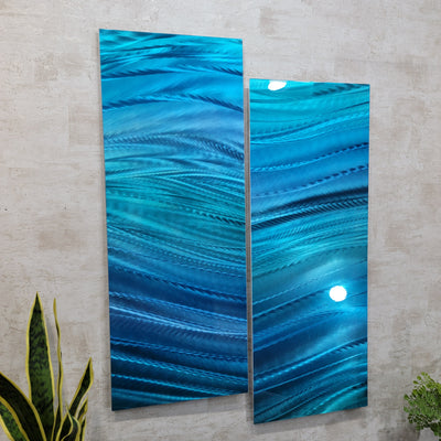 Only One !  Blue Abstract Painting  Set of 2 Each Panel 36" x 14"  Metal by Jon Allen - GEM P50