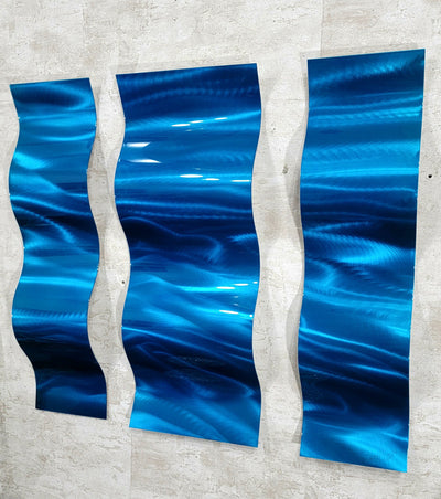Only One! Blue  Abstract Painting Set of  3  Two Panels 23" X 6" x 3" and One Panel 23" x 9" x 2"  Metal  Art by Jon Allen - WAV 3 PIECES