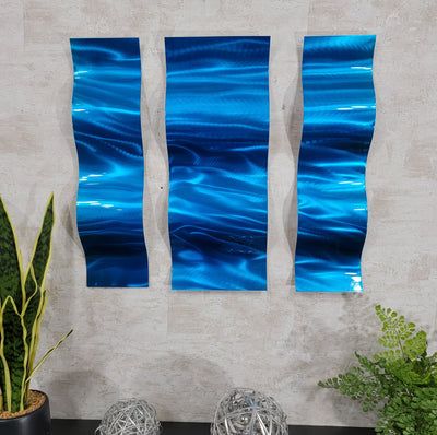 Only One! Blue  Abstract Painting Set of  3  Two Panels 23" X 6" x 3" and One Panel 23" x 9" x 2"  Metal  Art by Jon Allen - WAV 3 PIECES