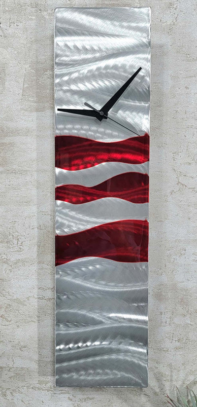 Only One! Silver and Red  Clock 24" x 6" x 2" Metal Art by Jon Allen - CL 510