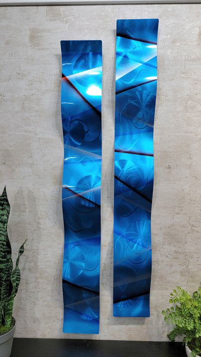 Only One !  In Blue Color Abstract Painting Set of 2  Each Wave 46" x 6" x 3"  Metal  Art by Jon Allen - WAV 245