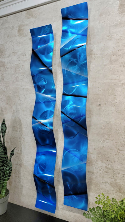 Only One !  In Blue Color Abstract Painting Set of 2  Each Wave 46" x 6" x 3"  Metal  Art by Jon Allen - WAV 245