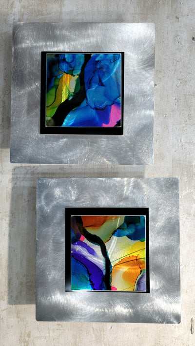 Only One!  Multicolor Abstract Painting  Set of Two   12" x 12" x 2" Metal by Jon Allen - NL 31
