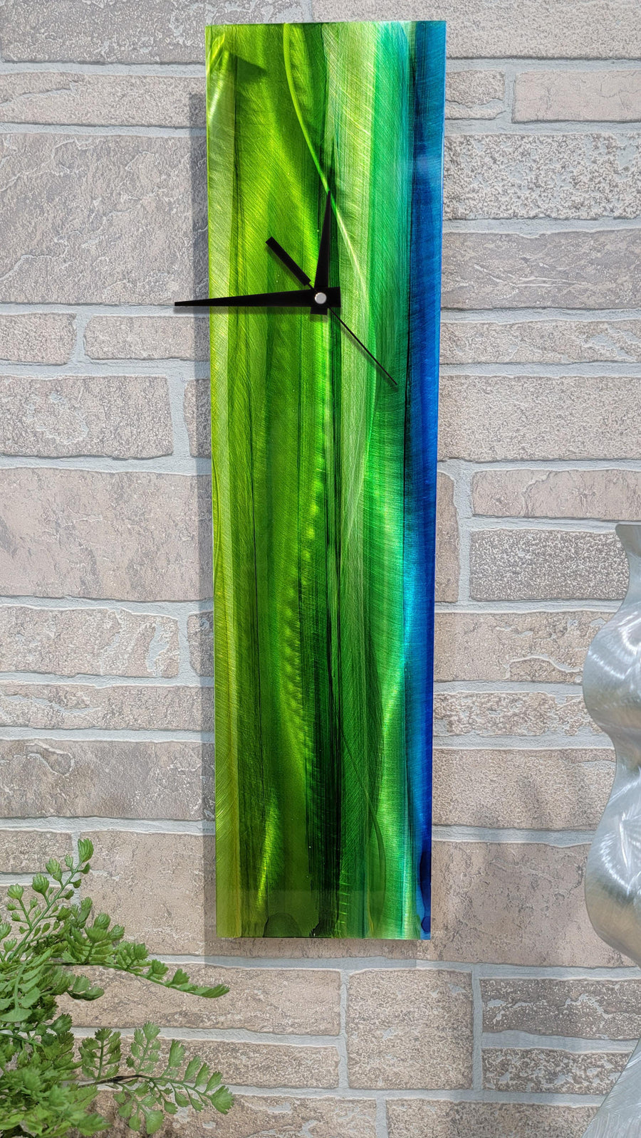 Only One!  In Green and Blue Color Abstract Clock 24" x 6" x 2" Metal Art by Jon Allen - CL 605