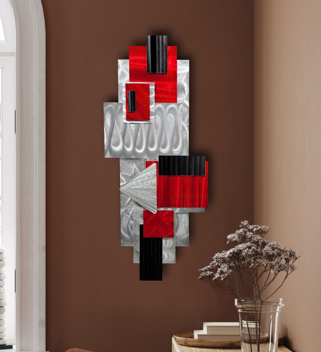 Silver, Red & Black Geometric Metal Wall Accent Sculpture by Jon