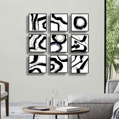 Only One!  Black and White Abstract Painting  Set Of 9 Panels  12" x 12" x 2" Metal by Jon Allen -"Prolific Symphony"