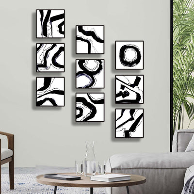 Only One!  Black and White Abstract Painting  Set Of 9 Panels  12" x 12" x 2" Metal by Jon Allen -"Prolific Symphony"