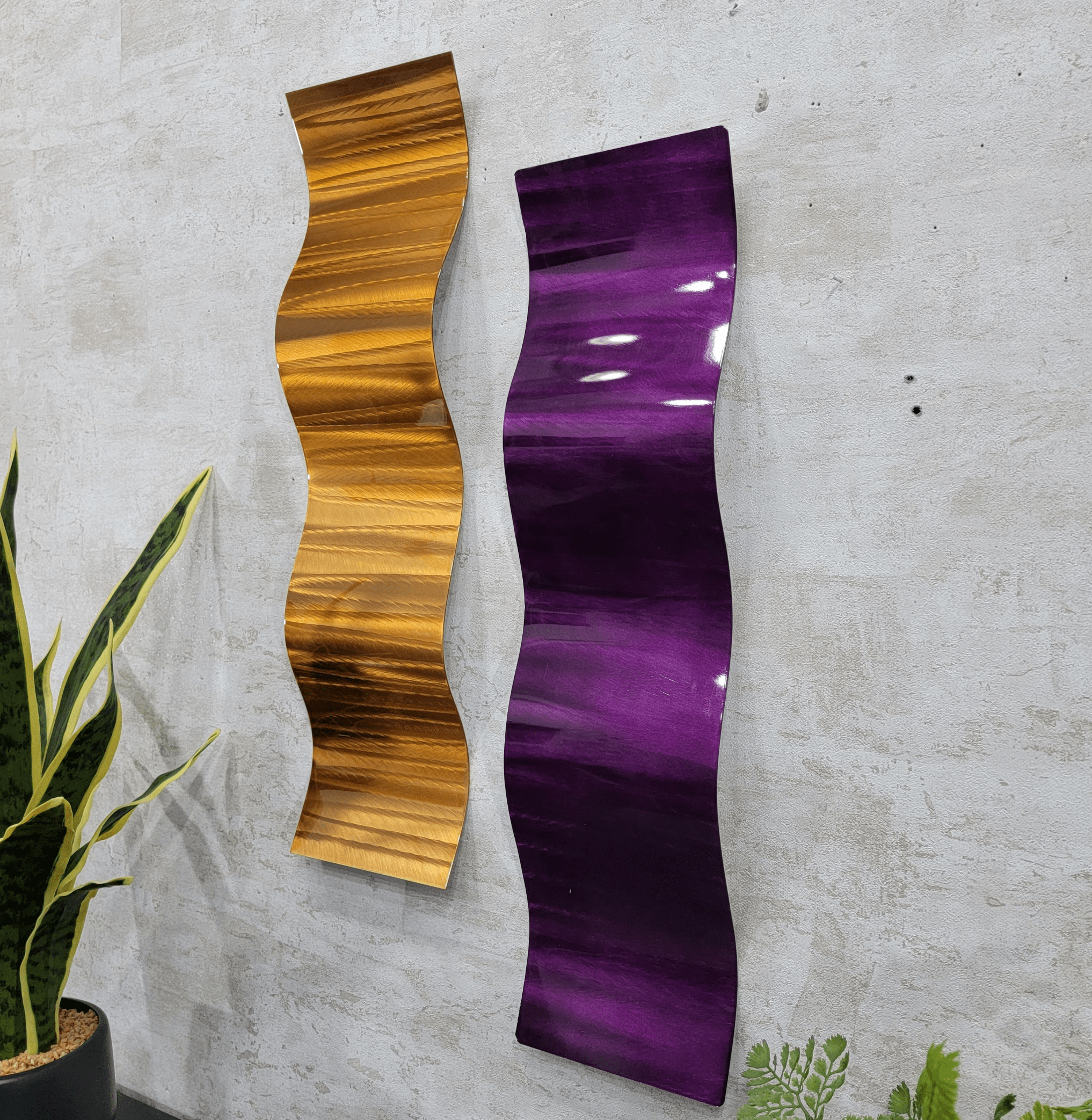 Only One! Gold and Purple Abstract Painting Set of 2  Each Panel 23" X 6"  Metal  Art by Jon Allen - WAV 236 *40% off*