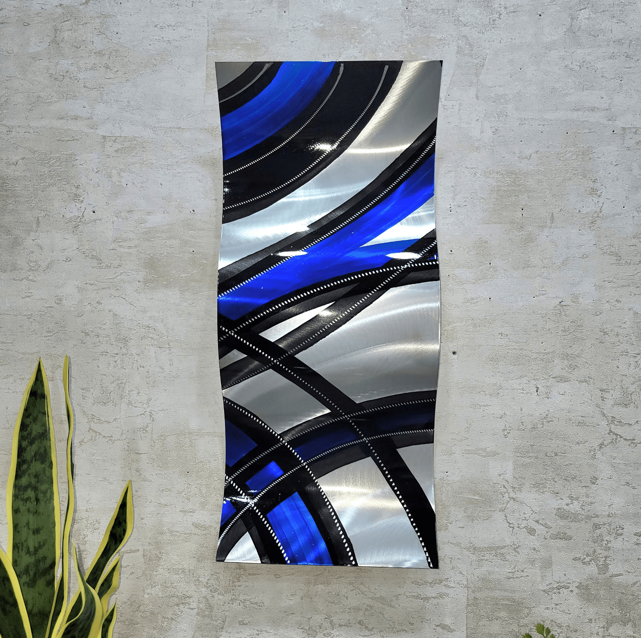 Only One! Silver, Blue and Black Abstract Painting  23" x 10"  Metal  Art by Jon Allen - WAV 225 *50% off*