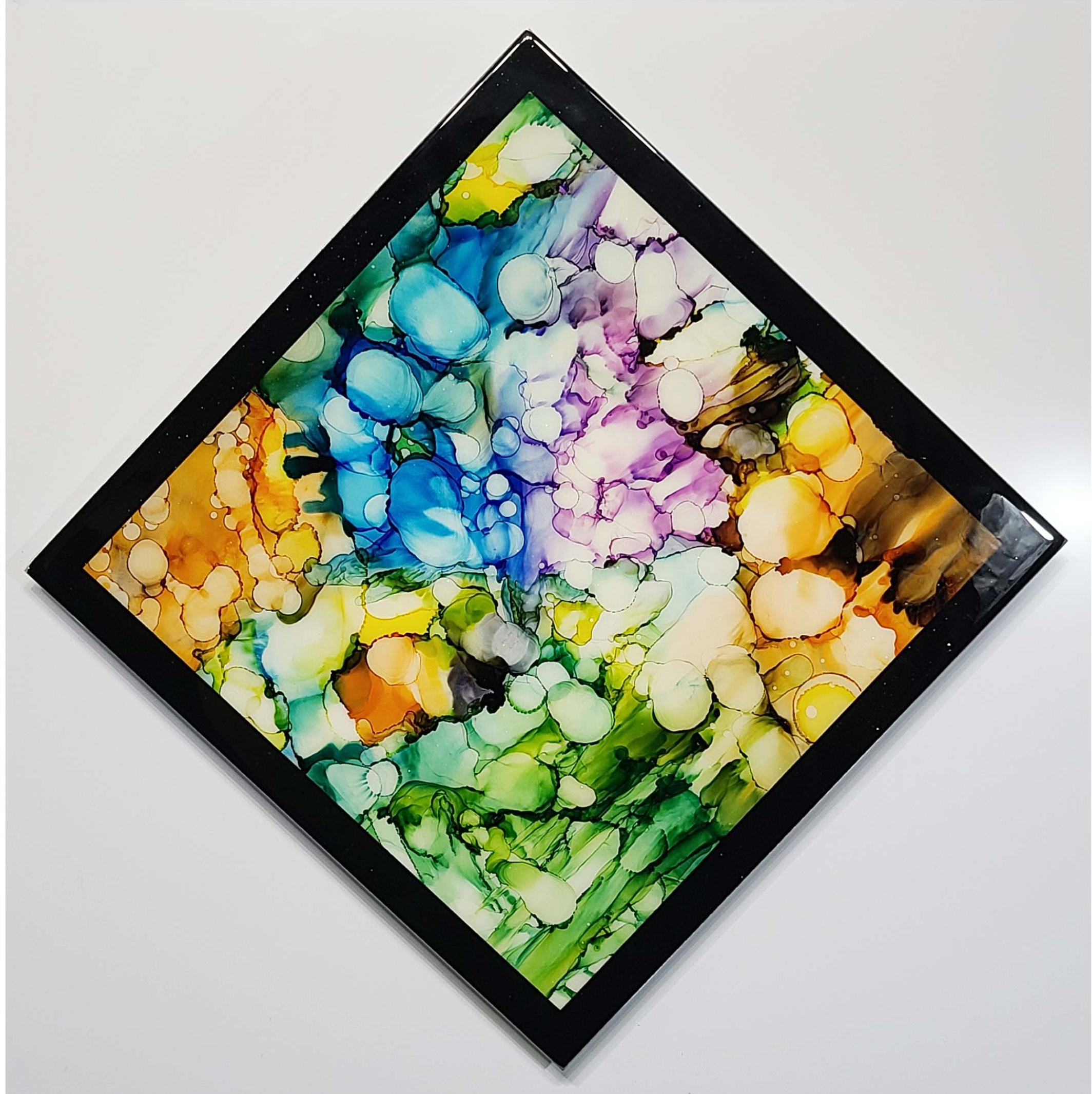 Just one! Abstract Organic Multicolor Painting with Painted Black Border 16" x 16" - HOL21-29   *30% off*